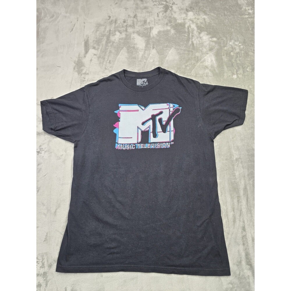 MTV Music Television Unisex Black Graphic T-Shirt Size L Glitch Logo